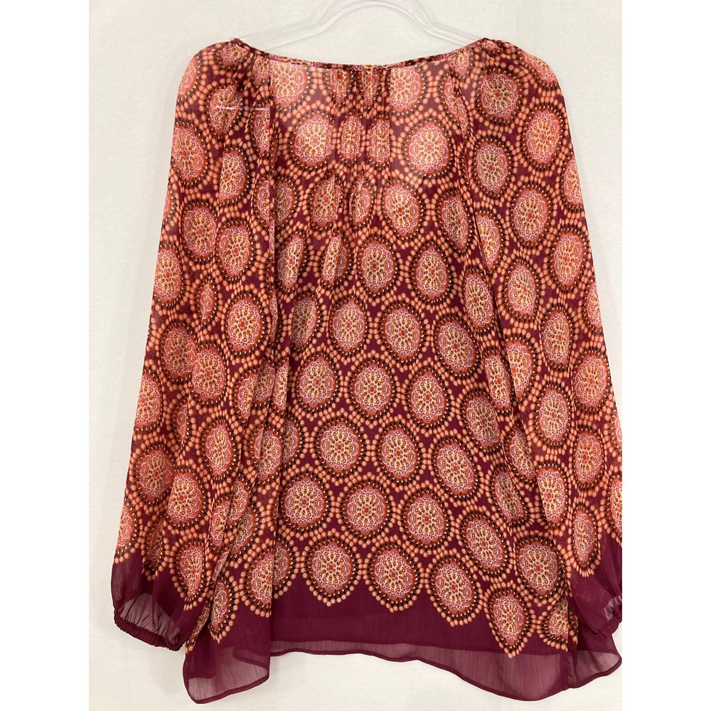 Rose & Olive Peasant Blouse XL Burgundy Boho Medallion Tassel Tie Chiffon Top - Picture 7 of 8